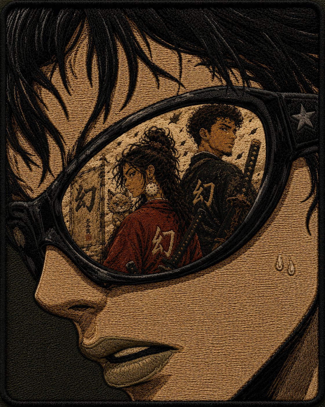 VISÃO mascot — embroidered patch portrait with figures reflected in the lenses